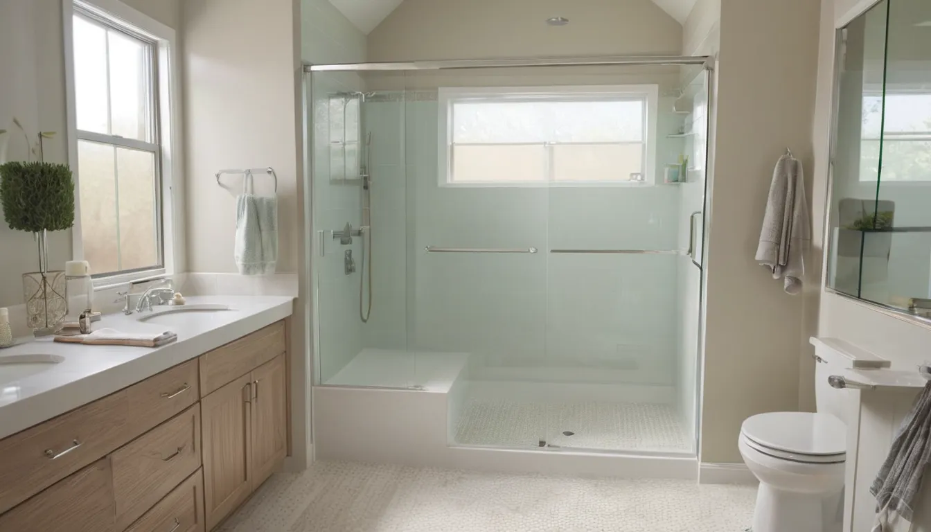 Smiling homeowner stepping into a new low-threshold shower in a bright bathroom near Santa Monica