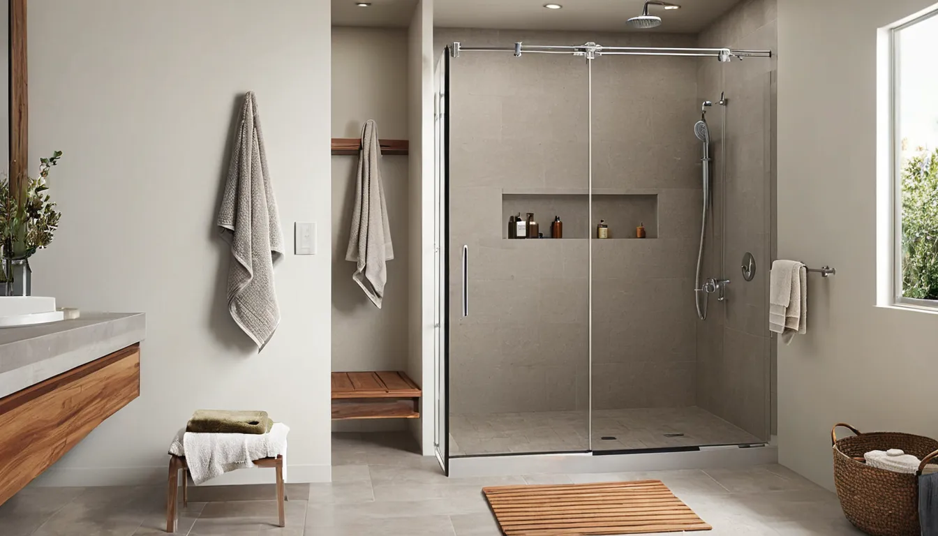Bright, accessible walk-in shower with a low threshold, fold-down seat and grab bars in a home near Santa Monica